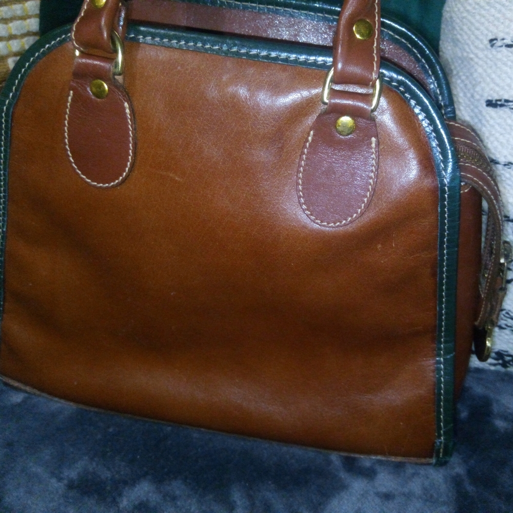 Brahmin Mini Bowler Leather Top Handle Satchel in Cognac Brown with Green Trim - Picture 14 of 14
